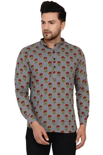 Grey printed cotton men-kurtas