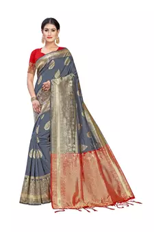 Grey Woven Art Silk  Saree With Blouse