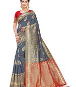 Grey Woven Art Silk  Saree With Blouse