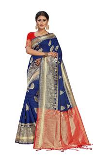 Blue Woven Art Silk  Saree With Blouse