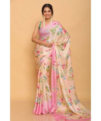 Baby Pink Printed Japan Satin All Over Printed Saree With Seprate Blose 1