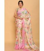 Baby Pink Printed Japan Satin All Over Printed Saree With Seprate Blose