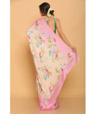 Baby Pink Printed Japan Satin All Over Printed Saree With Seprate Blose 2