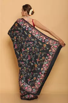Black Printed Japan Satin All Over Printed Saree With Seprate Blose