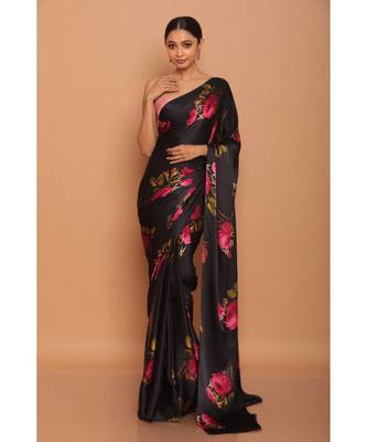 Black Saree With Pink Rose Printed Satin All Over Printed Saree With Seprate Blose 1