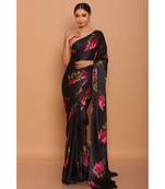 Black Saree With Pink Rose Printed Satin All Over Printed Saree With Seprate Blose