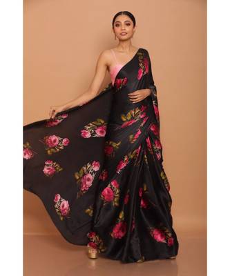 Black Saree With Pink Rose Printed Satin All Over Printed Saree With Seprate Blose 2