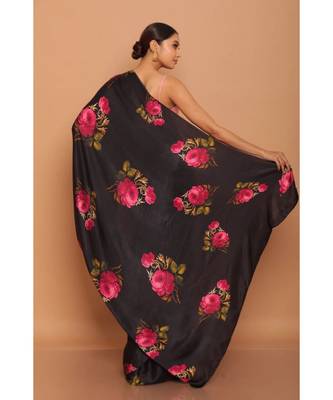 Black Saree With Pink Rose Printed Satin All Over Printed Saree With Seprate Blose 3