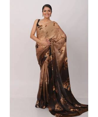 Dark Blue Printed Japan Satin All Over Printed Saree With Seprate Blose 1