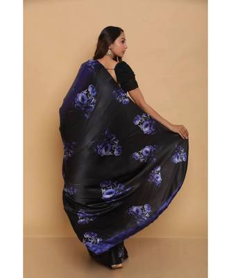 Dark Blue Printed Japan Satin All Over Printed Saree With Seprate Blose 2