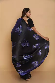 Dark Blue Printed Japan Satin All Over Printed Saree With Seprate Blose