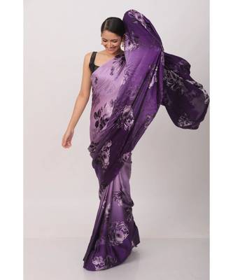 Purple Printed Japan Satin All Over Printed Saree With Seprate Blose 1