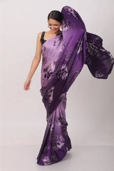 Purple Printed Japan Satin All Over Printed Saree With Seprate Blose