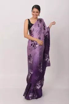 Purple Printed Japan Satin All Over Printed Saree With Seprate Blose