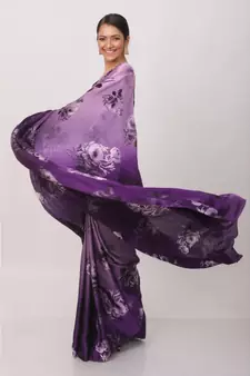 Purple Printed Japan Satin All Over Printed Saree With Seprate Blose