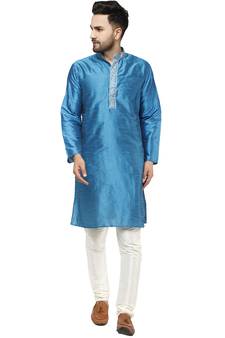 Turquoise embroidered art silk kurta-pajama