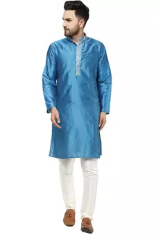 Turquoise embroidered art silk kurta-pajama