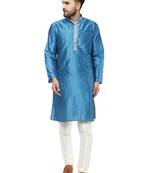 Turquoise embroidered art silk kurta-pajama