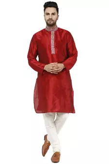 Red embroidered art silk kurta-pajama