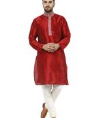 Red embroidered art silk kurta-pajama