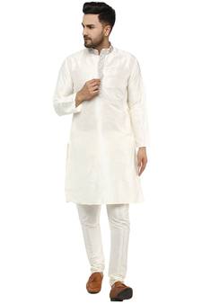 White embroidered art silk kurta-pajama