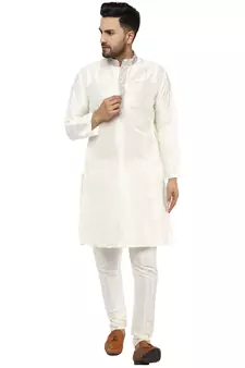 White embroidered art silk kurta-pajama