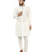 White embroidered art silk kurta-pajama