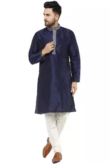 Dark Blue Dupion Silk Plain Kurta Pajama