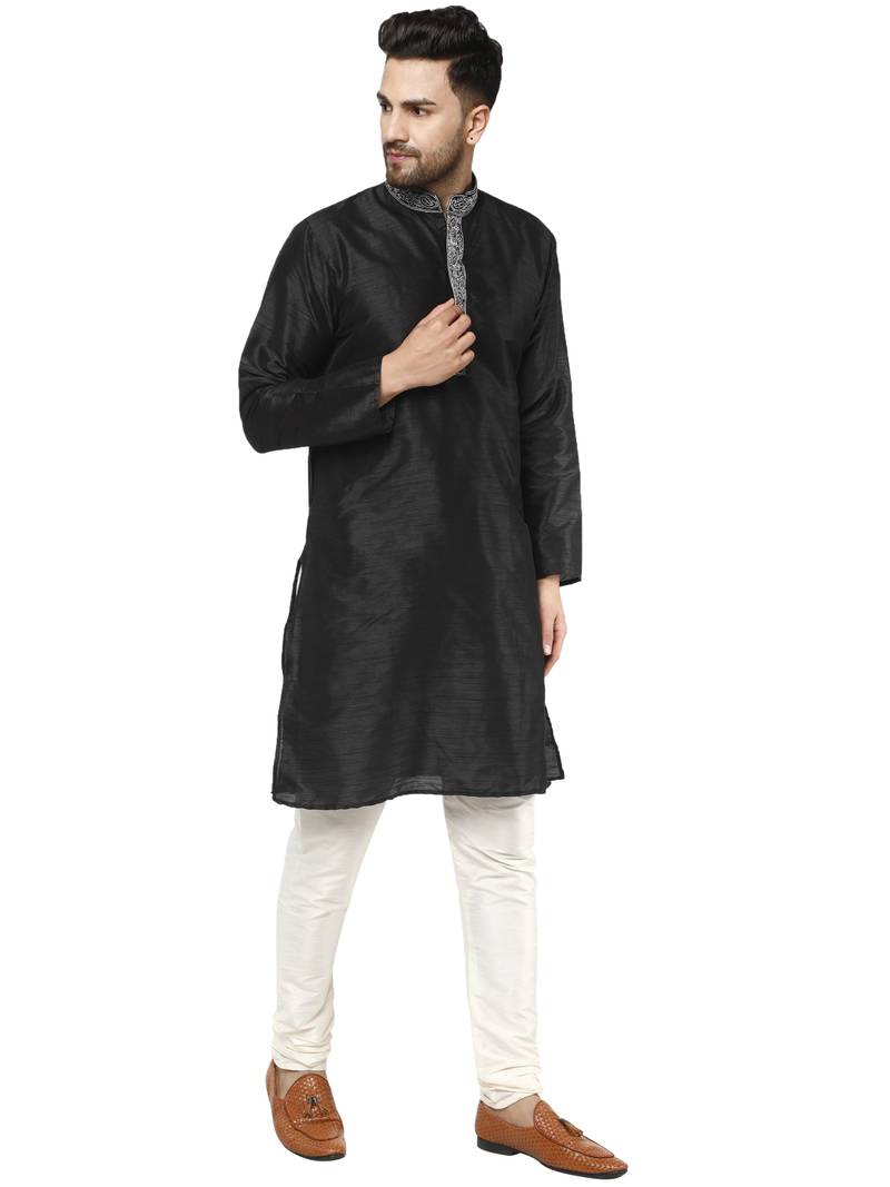 Black embroidered art silk kurta-pajama
