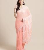 Ada Hand Crafted Peach Faux Georgette Lucknowi Chikankari Indian Women Saree with Blouse - A191789