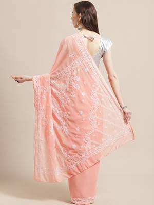 Ada Hand Crafted Peach Faux Georgette Lucknowi Chikankari Indian Women Saree with Blouse - A191789 2