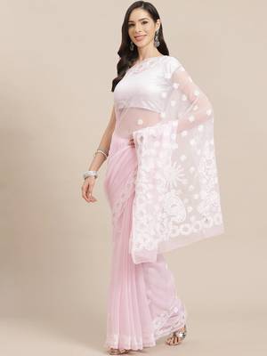Ada Hand Embroidered Baby Pink Georgette Chikankari Saree with Blouse - A129566 1