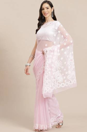 Ada Hand Embroidered Baby Pink Georgette Chikankari Saree with Blouse - A129566