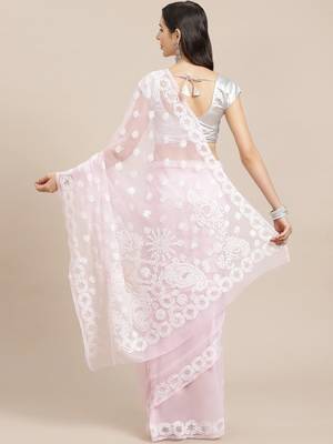 Ada Hand Embroidered Baby Pink Georgette Chikankari Saree with Blouse - A129566 2
