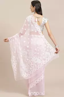 Ada Hand Embroidered Baby Pink Georgette Chikankari Saree with Blouse - A129566