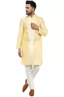 Beige embroidered art silk kurta-pajama