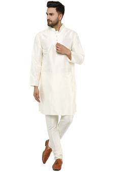 White embroidered art silk kurta-pajama