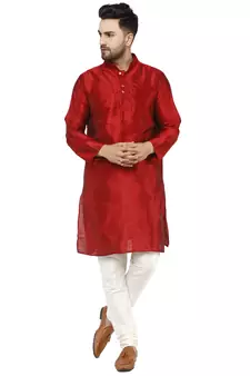Red embroidered art silk kurta-pajama