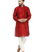 Red embroidered art silk kurta-pajama