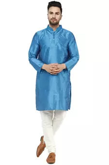 Turquoise embroidered art silk kurta-pajama