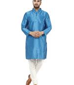 Turquoise embroidered art silk kurta-pajama