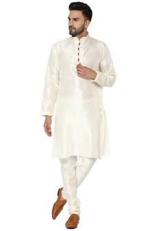White embroidered art silk kurta-pajama