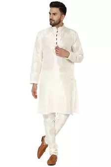 White embroidered art silk kurta-pajama