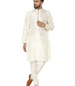 White embroidered art silk kurta-pajama