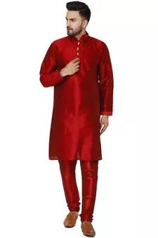 Red embroidered art silk kurta-pajama