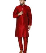 Red embroidered art silk kurta-pajama
