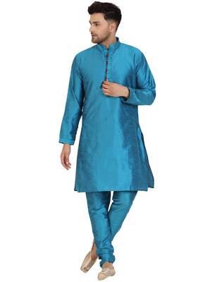 Turquoise embroidered art silk kurta-pajama 1