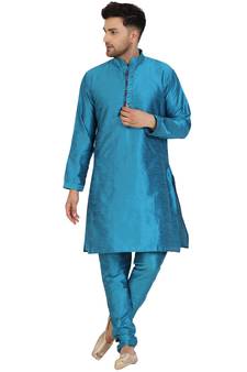 Turquoise embroidered art silk kurta-pajama