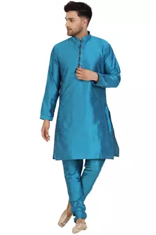 Turquoise embroidered art silk kurta-pajama