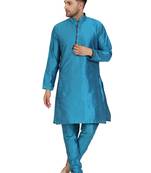 Turquoise embroidered art silk kurta-pajama